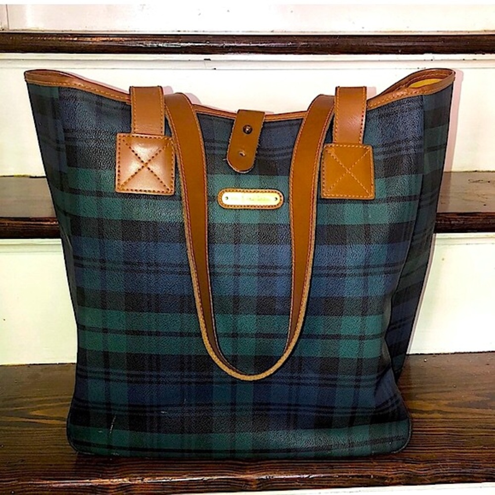 RALPH LAUREN Black Watch Waxed Leather Coated Canvas Overnight Travel Bag